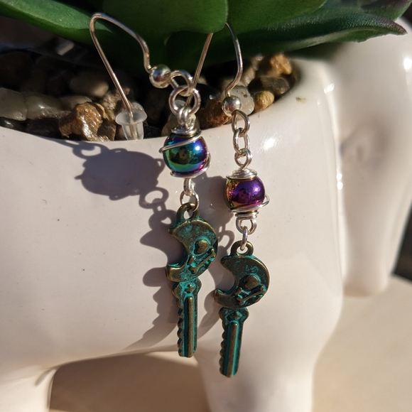 Rainbow Hematite Wrapped Key Earrings Handmade Silver Wire Steampunk - Picture 4 of 8